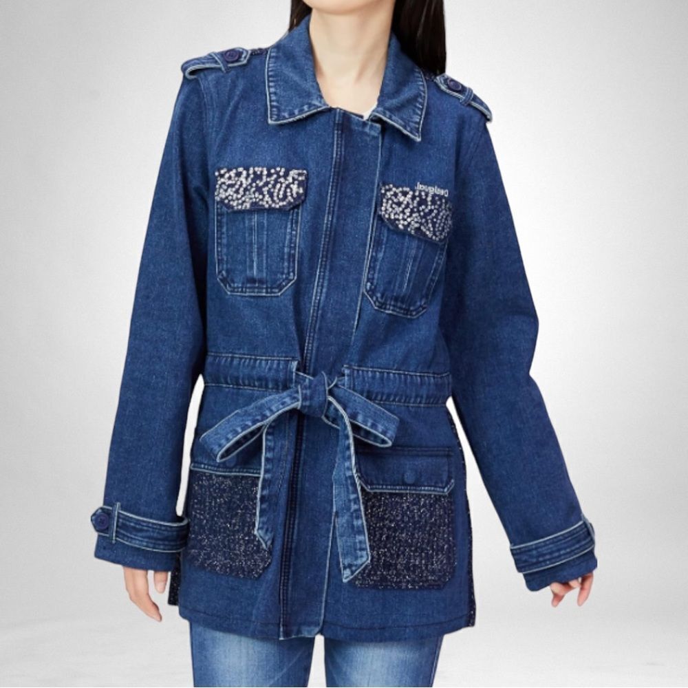 NWT DESIGUAL Mizuki Denim Sequin Belted Parka Jacket XL - Picture 16 of 16